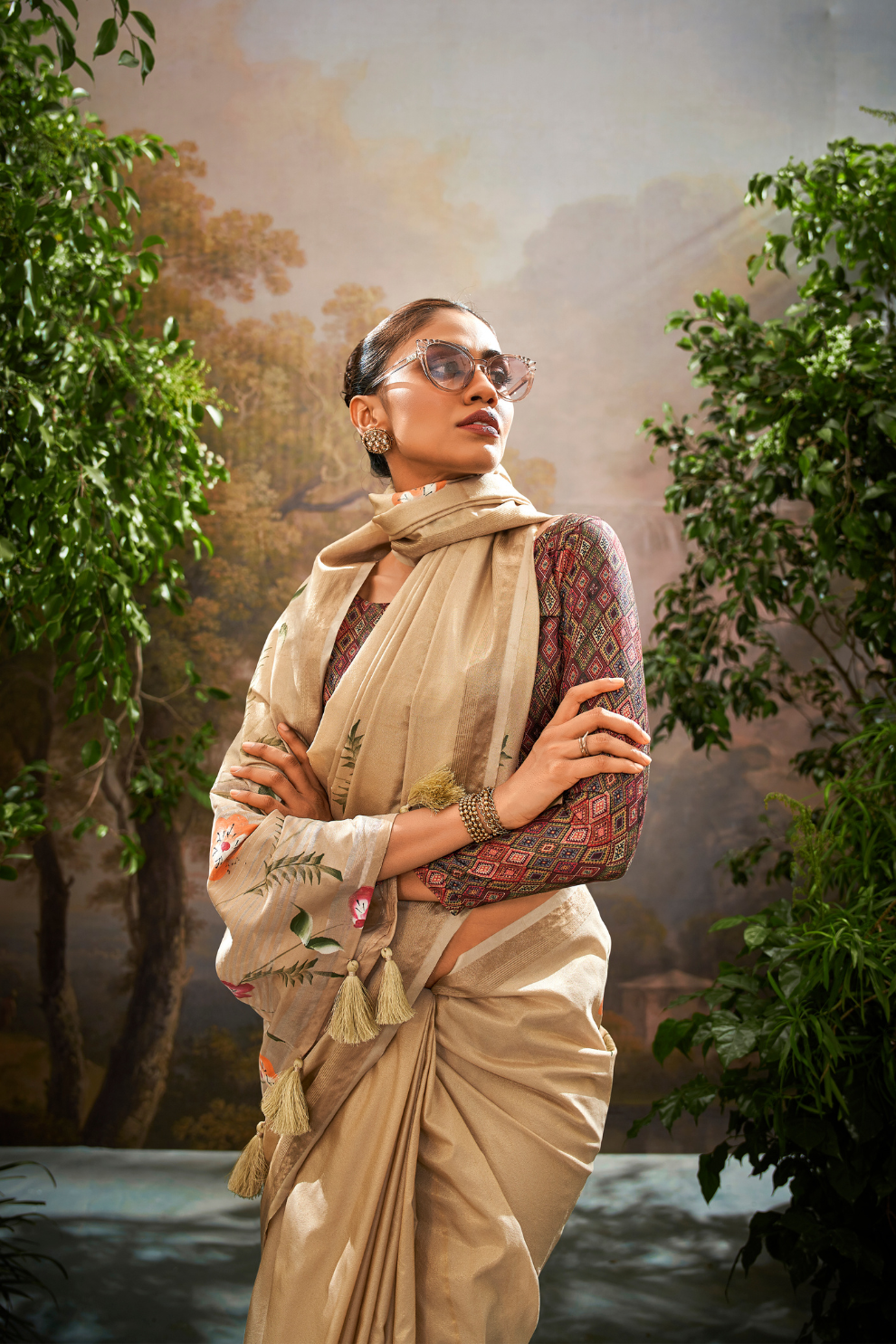 Soft Linen Tissue Silk Saree with Hand Brush Print & Kalamkari Blouse