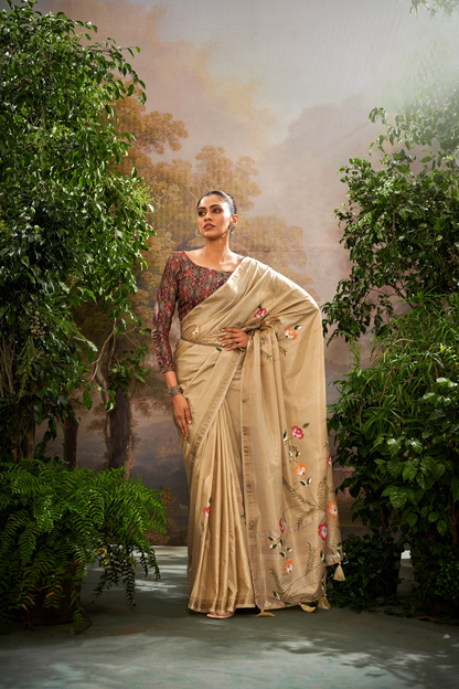 Soft Linen Tissue Silk Saree with Hand Brush Print & Kalamkari Blouse