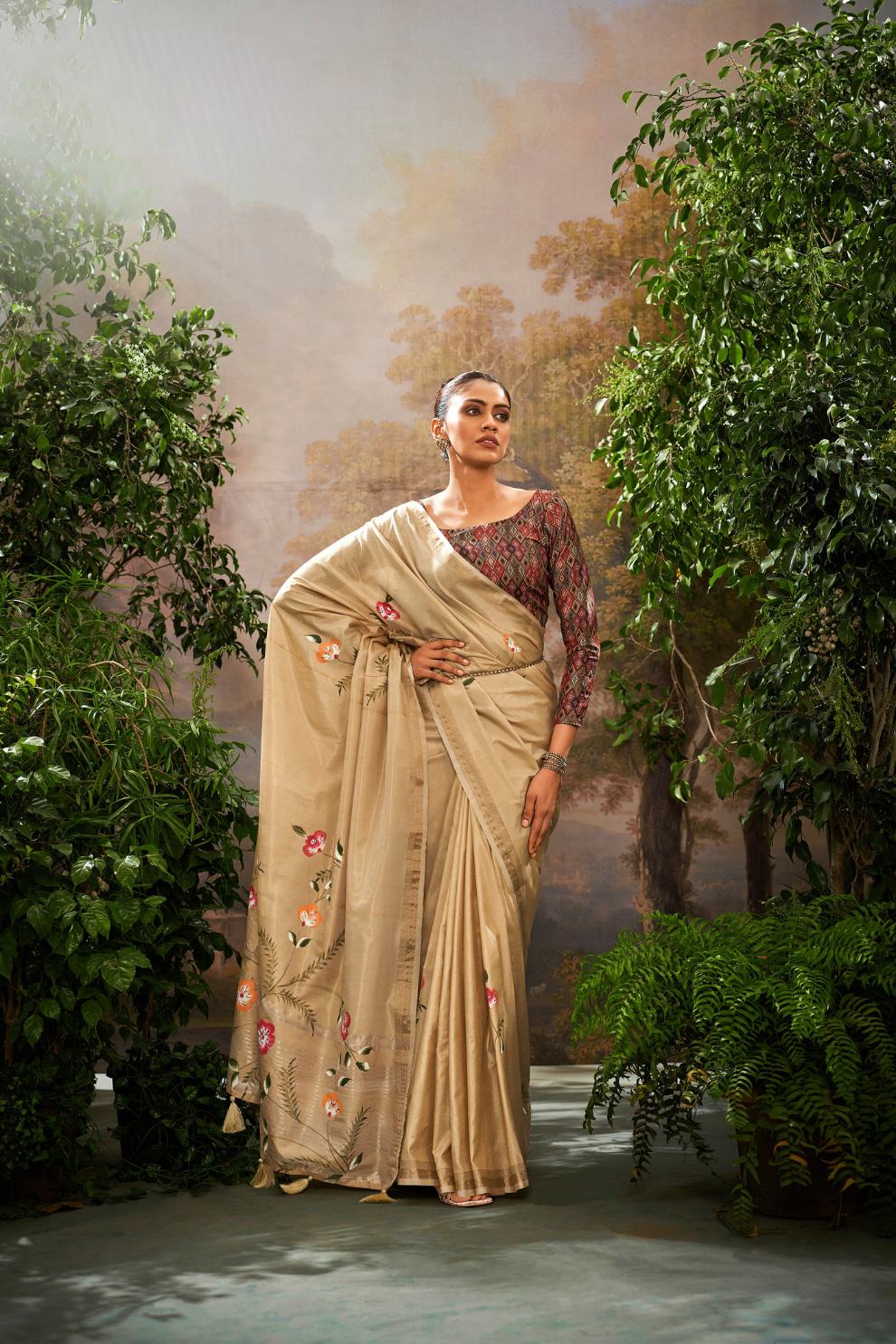 Soft Linen Tissue Silk Saree with Hand Brush Print & Kalamkari Blouse