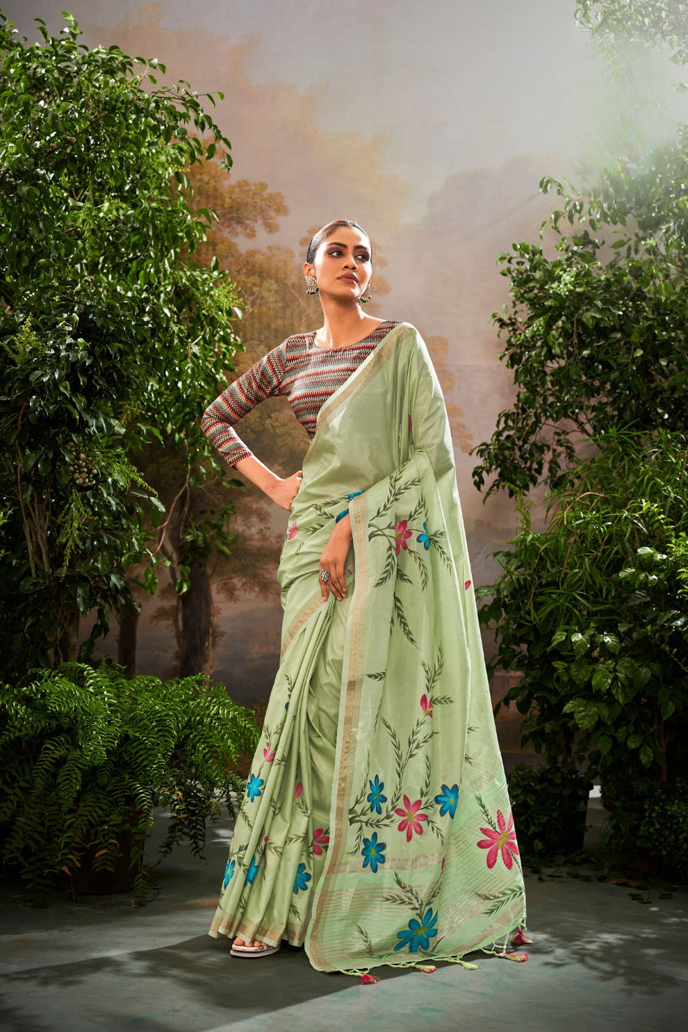 Soft Linen Tissue Silk Saree with Hand Brush Print & Kalamkari Blouse