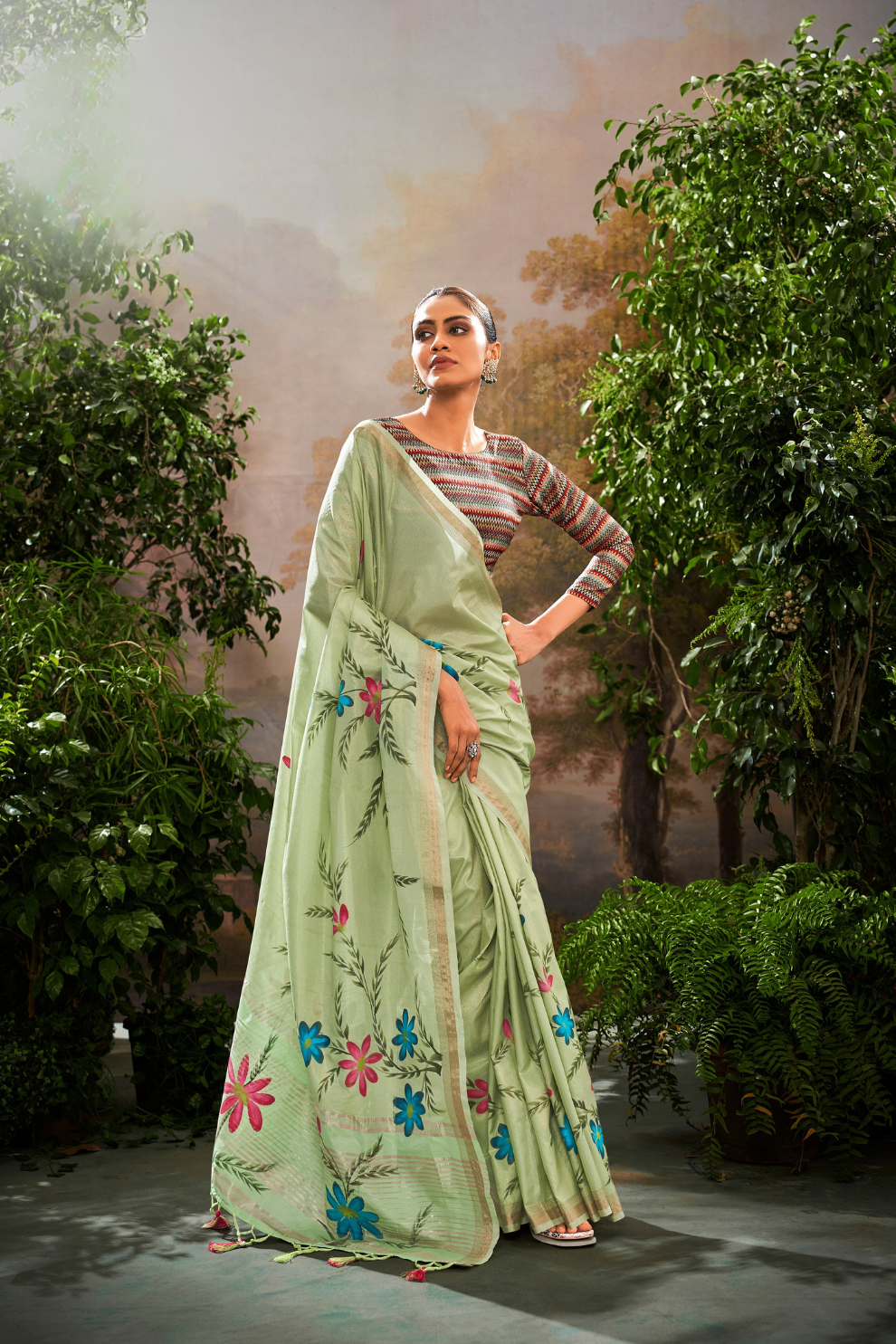 Soft Linen Tissue Silk Saree with Hand Brush Print & Kalamkari Blouse