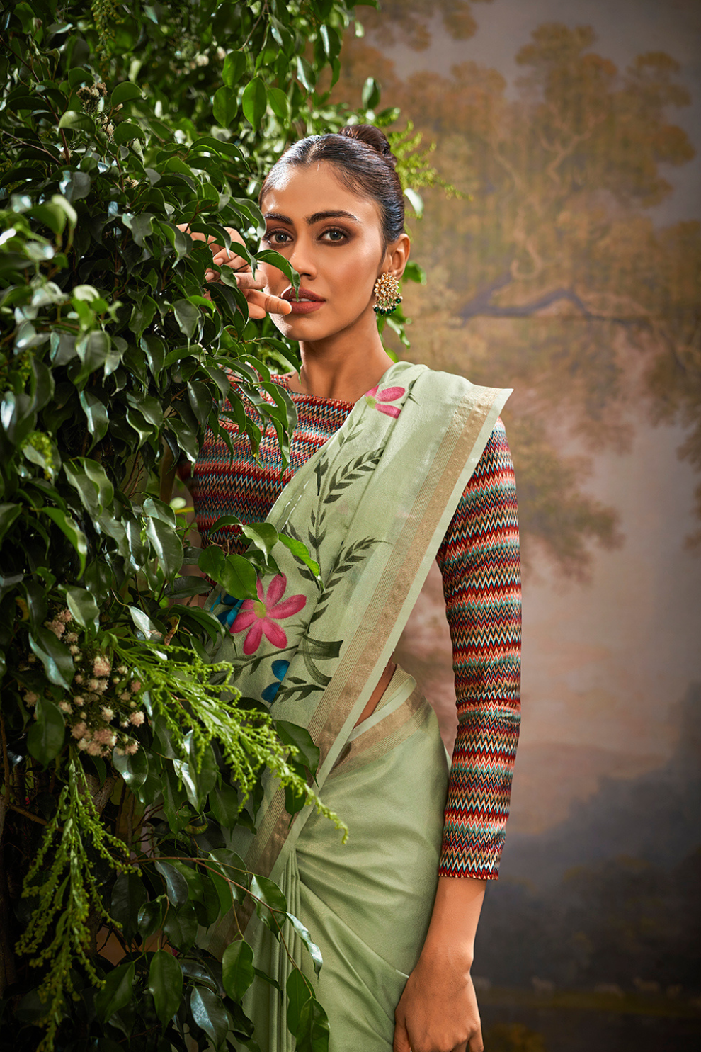Soft Linen Tissue Silk Saree with Hand Brush Print & Kalamkari Blouse