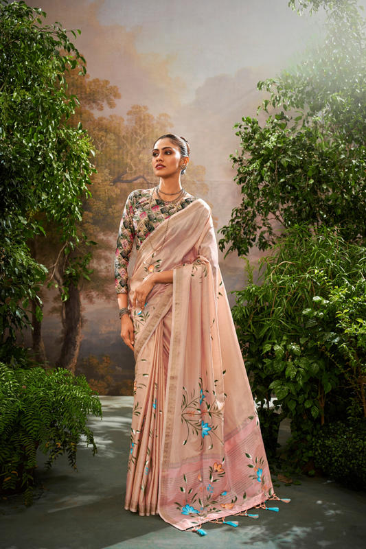 Soft Linen Tissue Silk Saree with Hand Brush Print & Kalamkari Blouse