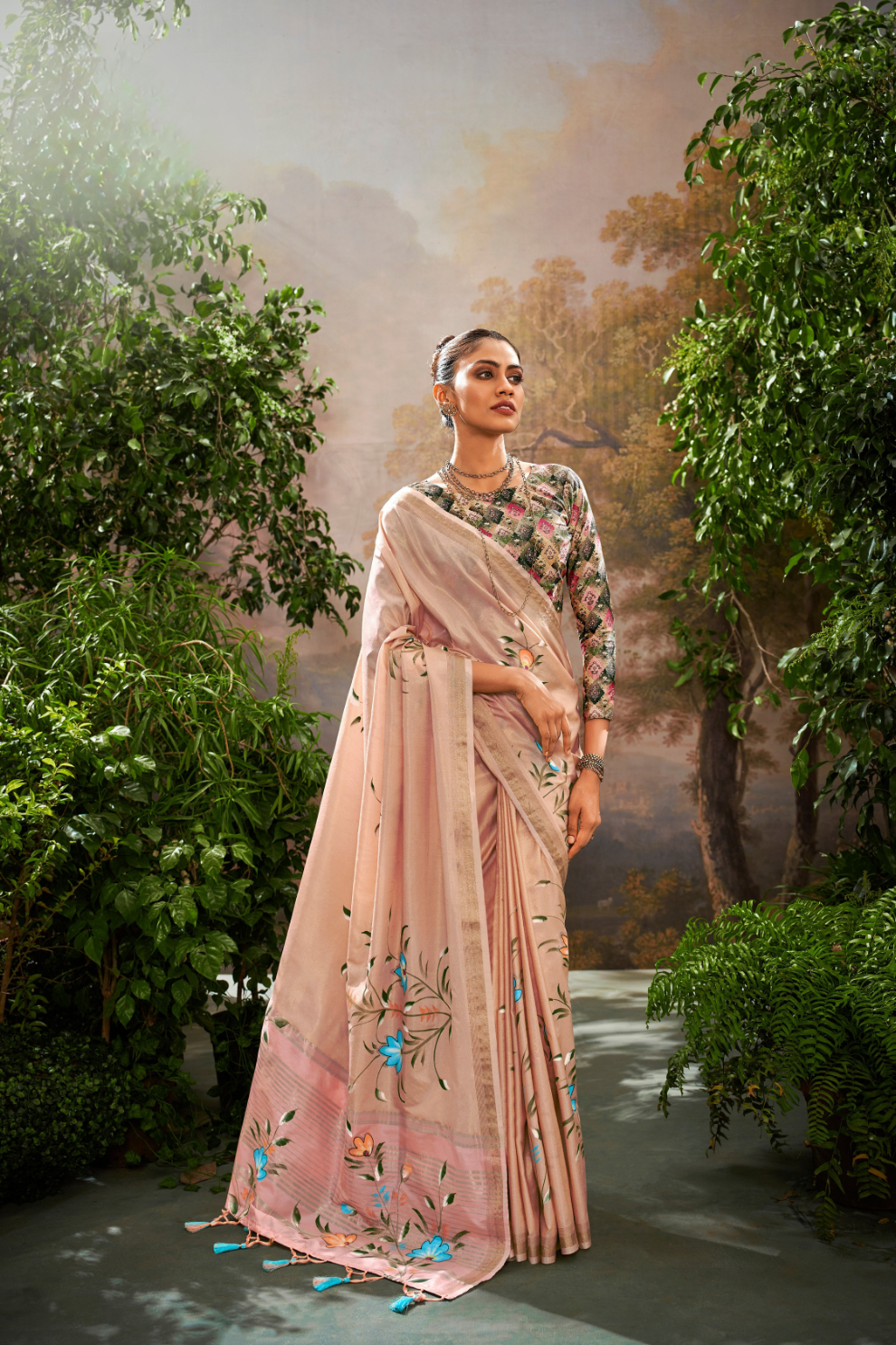 Soft Linen Tissue Silk Saree with Hand Brush Print & Kalamkari Blouse