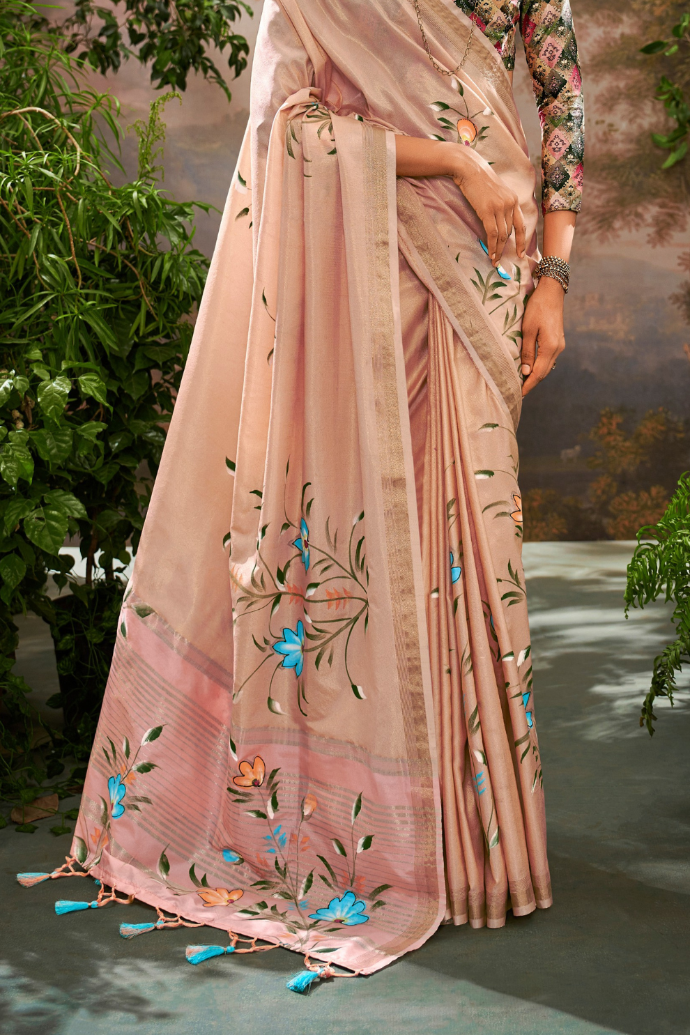 Soft Linen Tissue Silk Saree with Hand Brush Print & Kalamkari Blouse