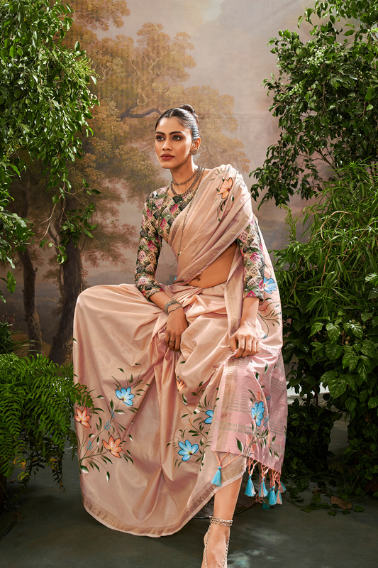Soft Linen Tissue Silk Saree with Hand Brush Print & Kalamkari Blouse