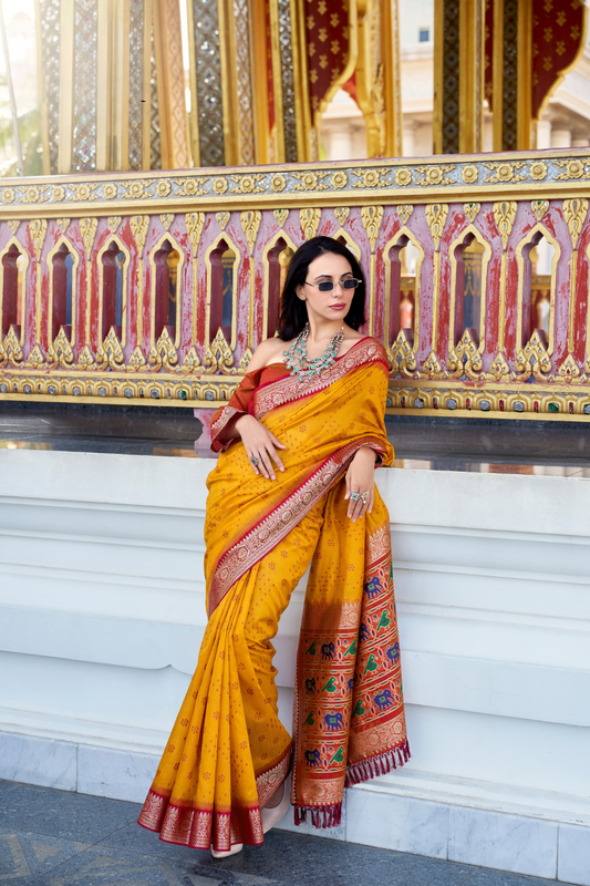 Tusser Handloom Silk Saree with Zari Weaving Border and Patola Weaved - LaVante Fashion