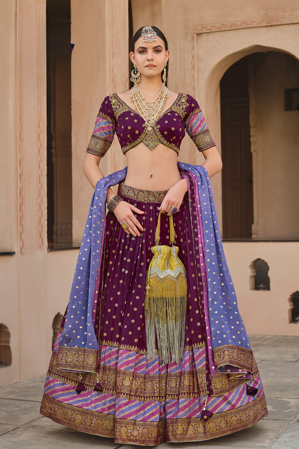 Blue Printed Silk Readymade Lehenga Choli