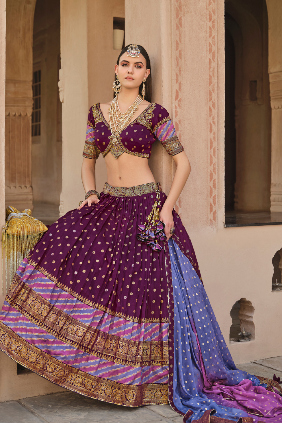Blue Printed Silk Readymade Lehenga Choli