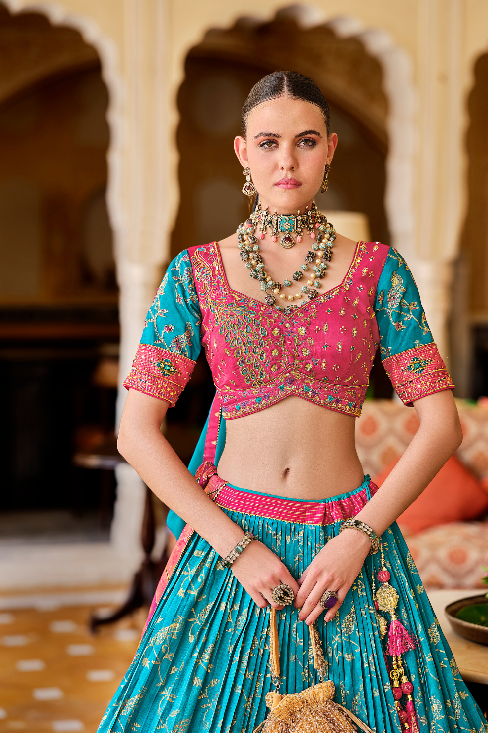 Blue Printed Silk Readymade Lehenga Choli
