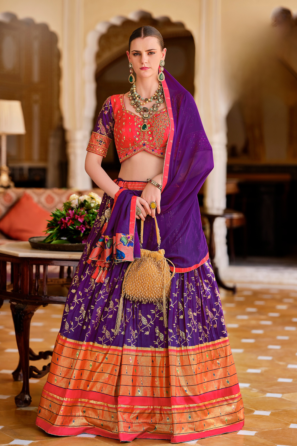 Blue Printed Silk Readymade Lehenga Choli