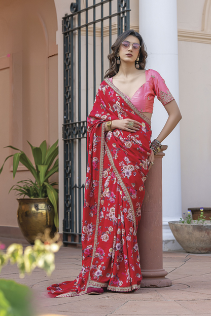 Pure Viscose Dola Silk Saree with Floral Print - LaVante Fashion