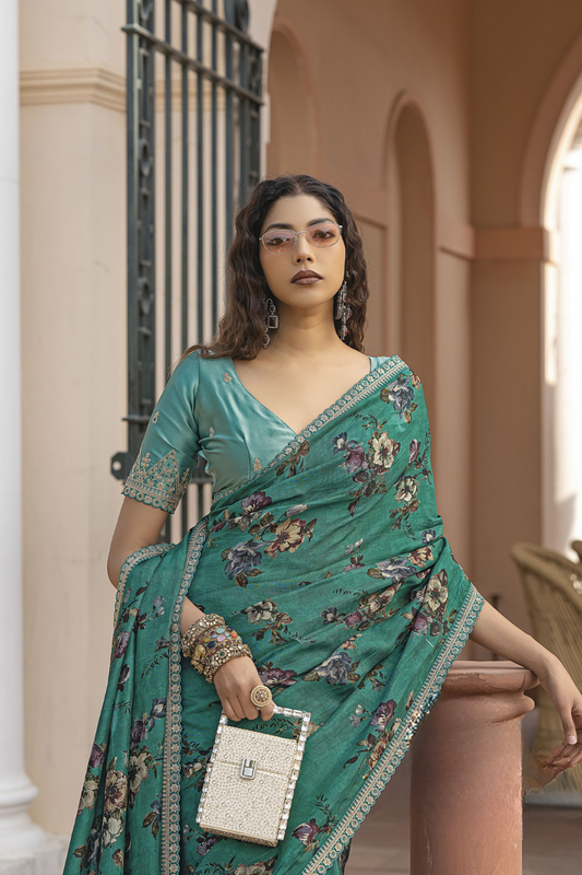 Pure Viscose Dola Silk Saree with Floral Print - LaVante Fashion