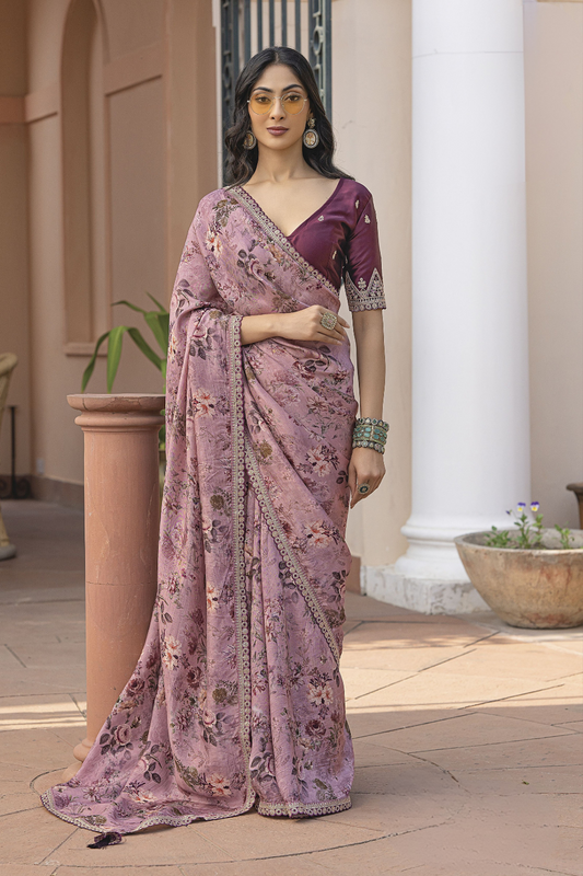 Pure Viscose Dola Silk Saree with Floral Print - LaVante Fashion