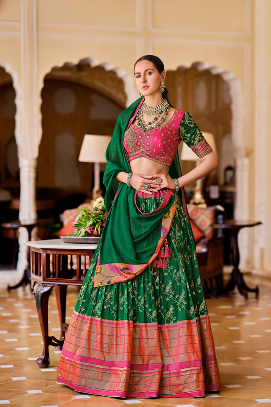 Green Printed Silk Readymade Lehenga Choli