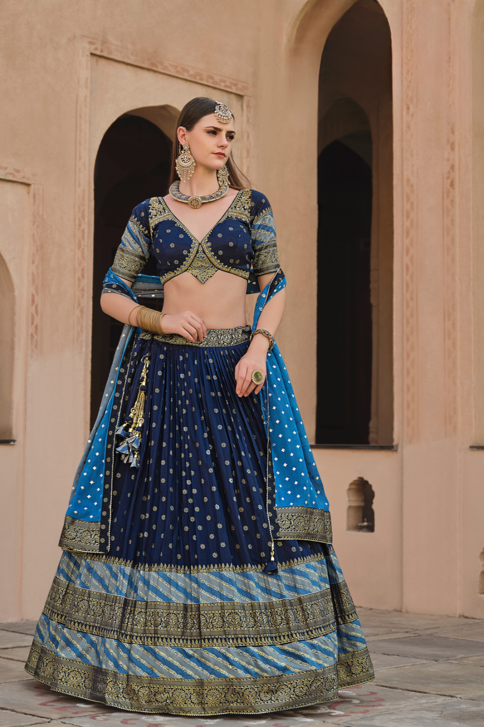 Blue Printed Silk Readymade Lehenga Choli