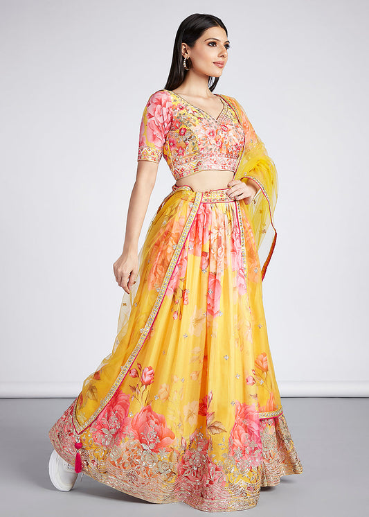 Aureolin Yellow Floral Printed Organza Lehenga Choli