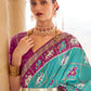 Turquoise Green Printed Patola Silk Saree with Zari Border & Tassels on Pallu