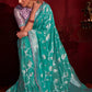 Turquoise Blue Zari Woven Khadi Silk Saree with Contrast Blouse
