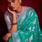 Turquoise Blue Zari Woven Khadi Silk Saree with Contrast Blouse