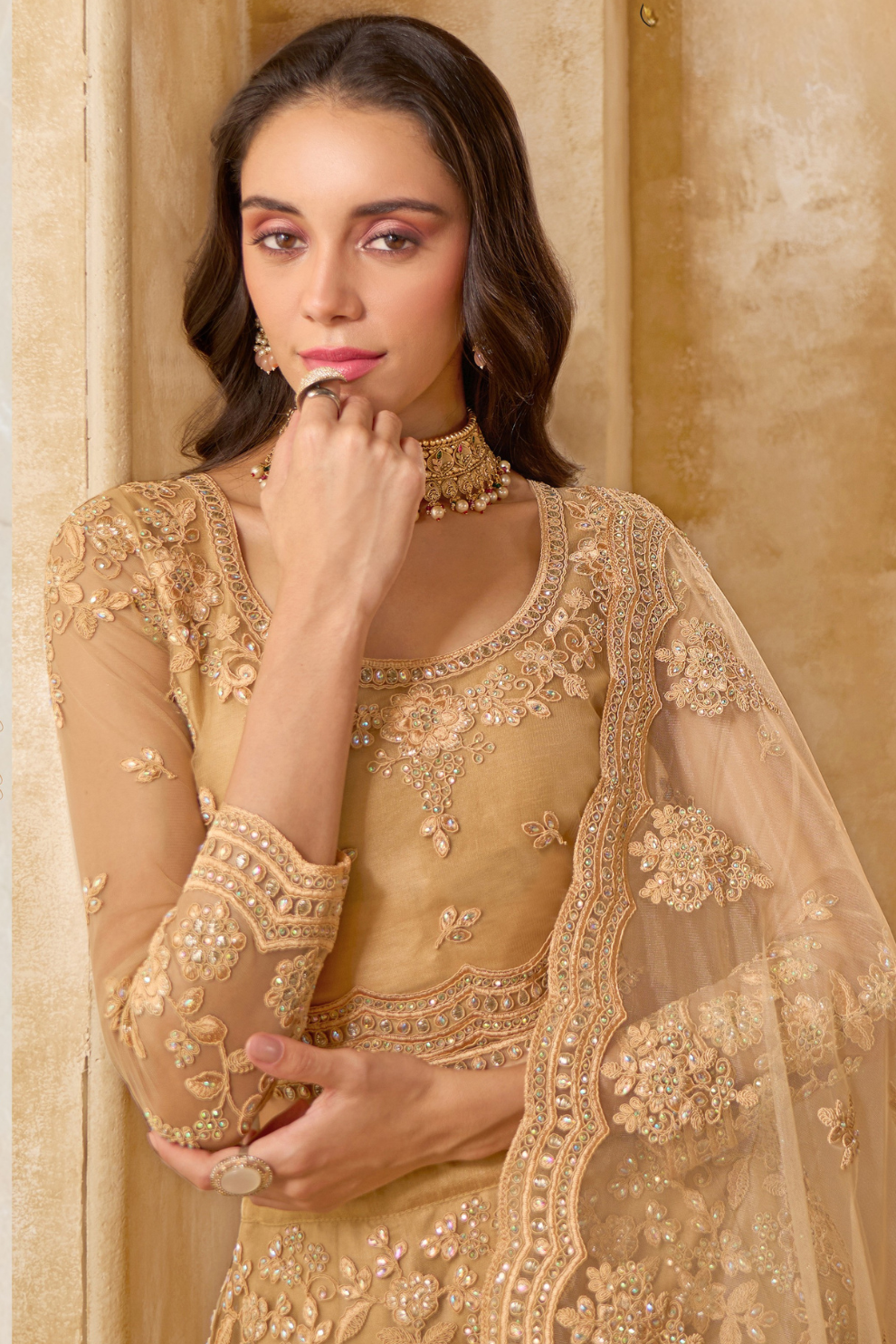 Golden Net Lehenga Choli With Thread Embroidery