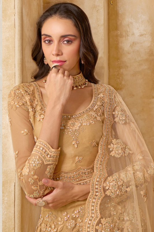 Golden Net Lehenga Choli With Thread Embroidery
