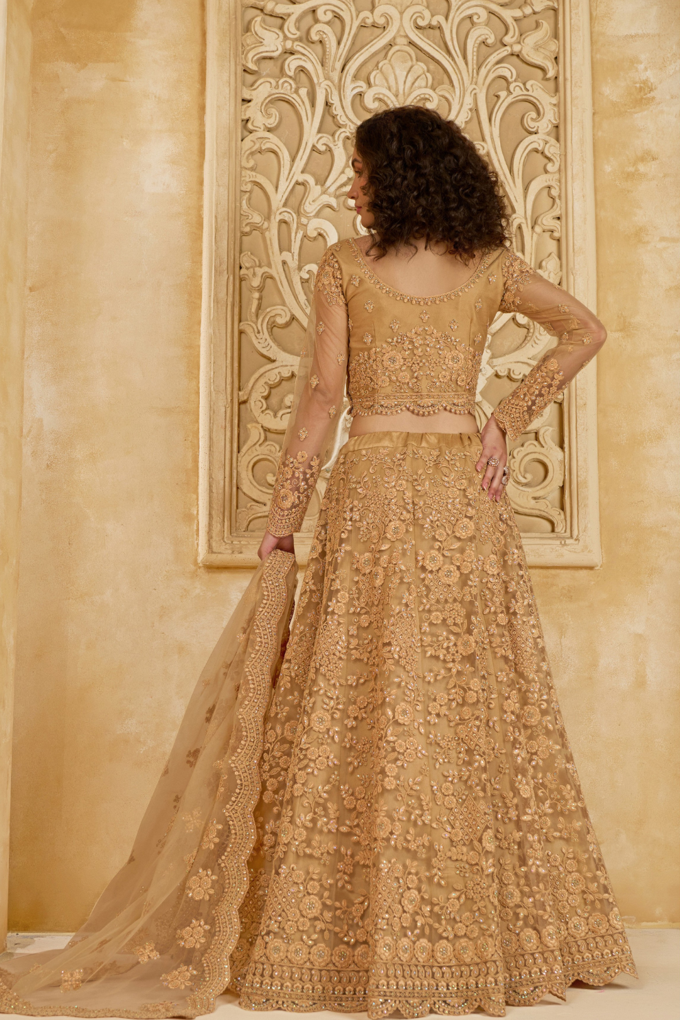 Golden Bridal Lehenga Choli With Rich Stone And Thread Work