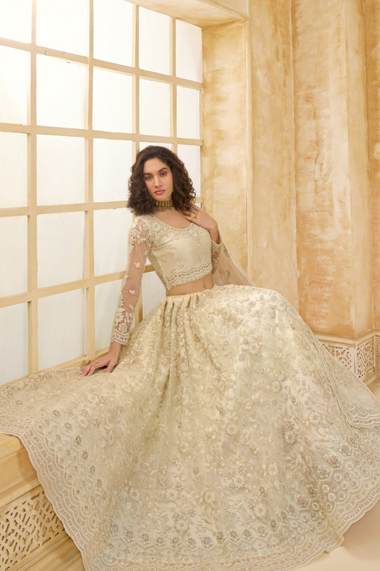 Stone_Embellished_Dark_Beige_Panelled_Style_Net_Lehenga_15 - LaVante Fashion
