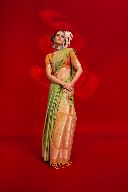 Tussar Silk Handloom Saree with Contrast Ikkat Pallu & Blouse