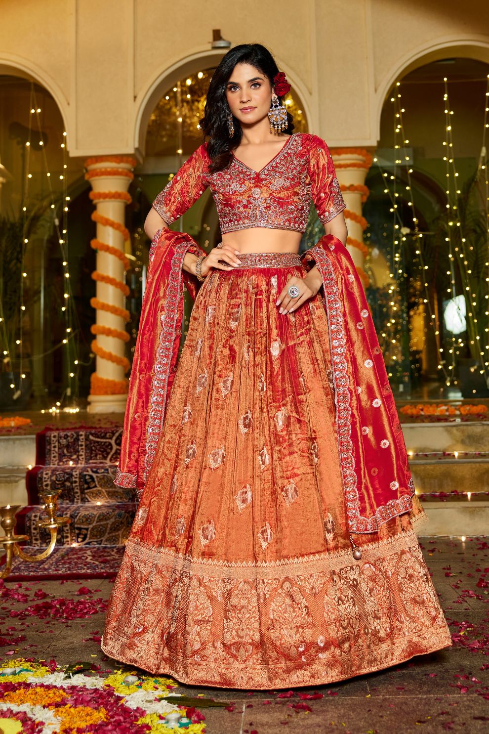 Rust Orange Tissue Lehenga with Bead Work Wedding Wear Lehenga