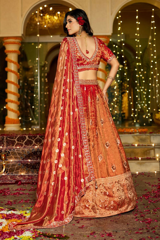 Rust Orange Tissue Lehenga with Bead Work Wedding Wear Lehenga