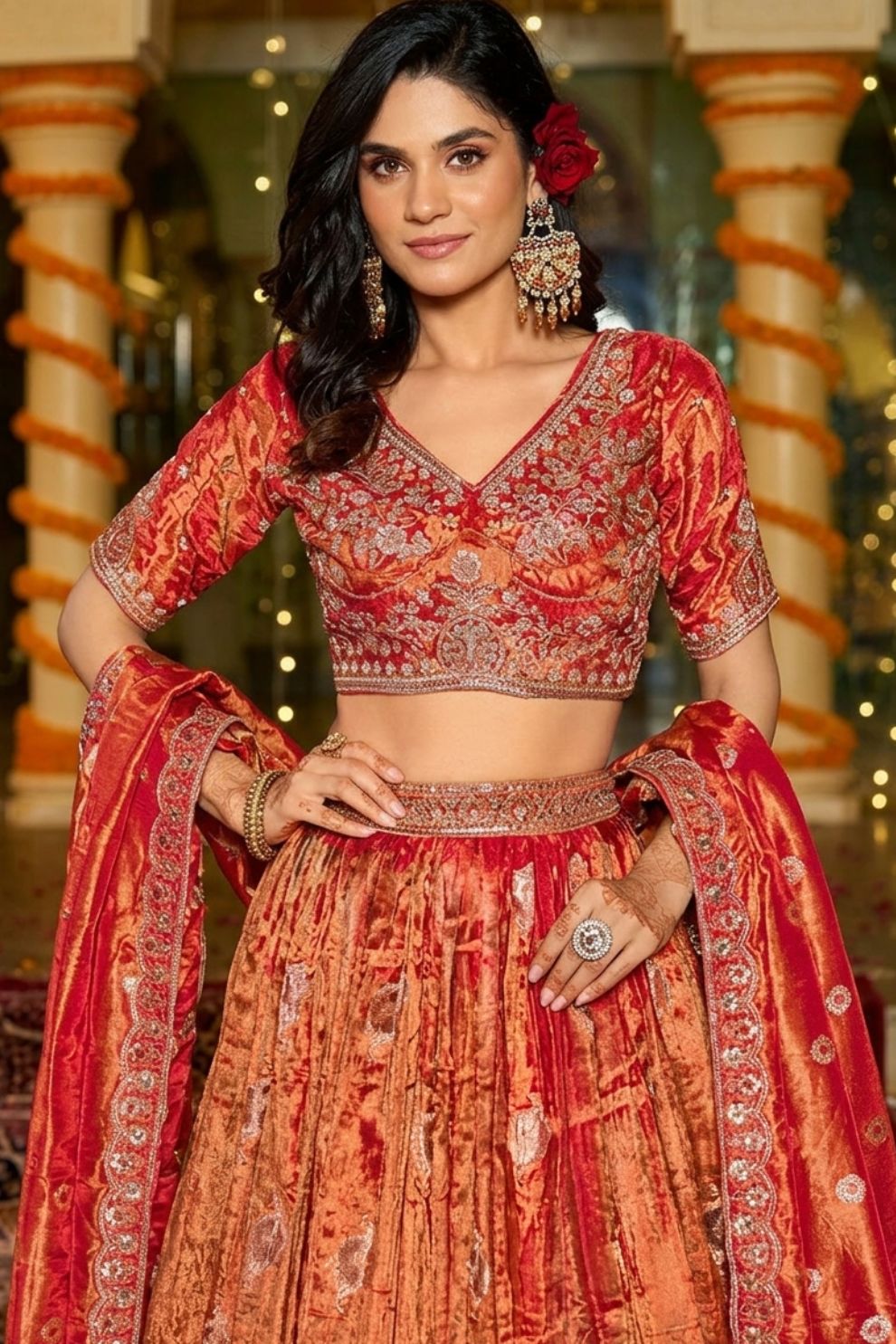Rust Orange Tissue Lehenga with Bead Work Wedding Wear Lehenga