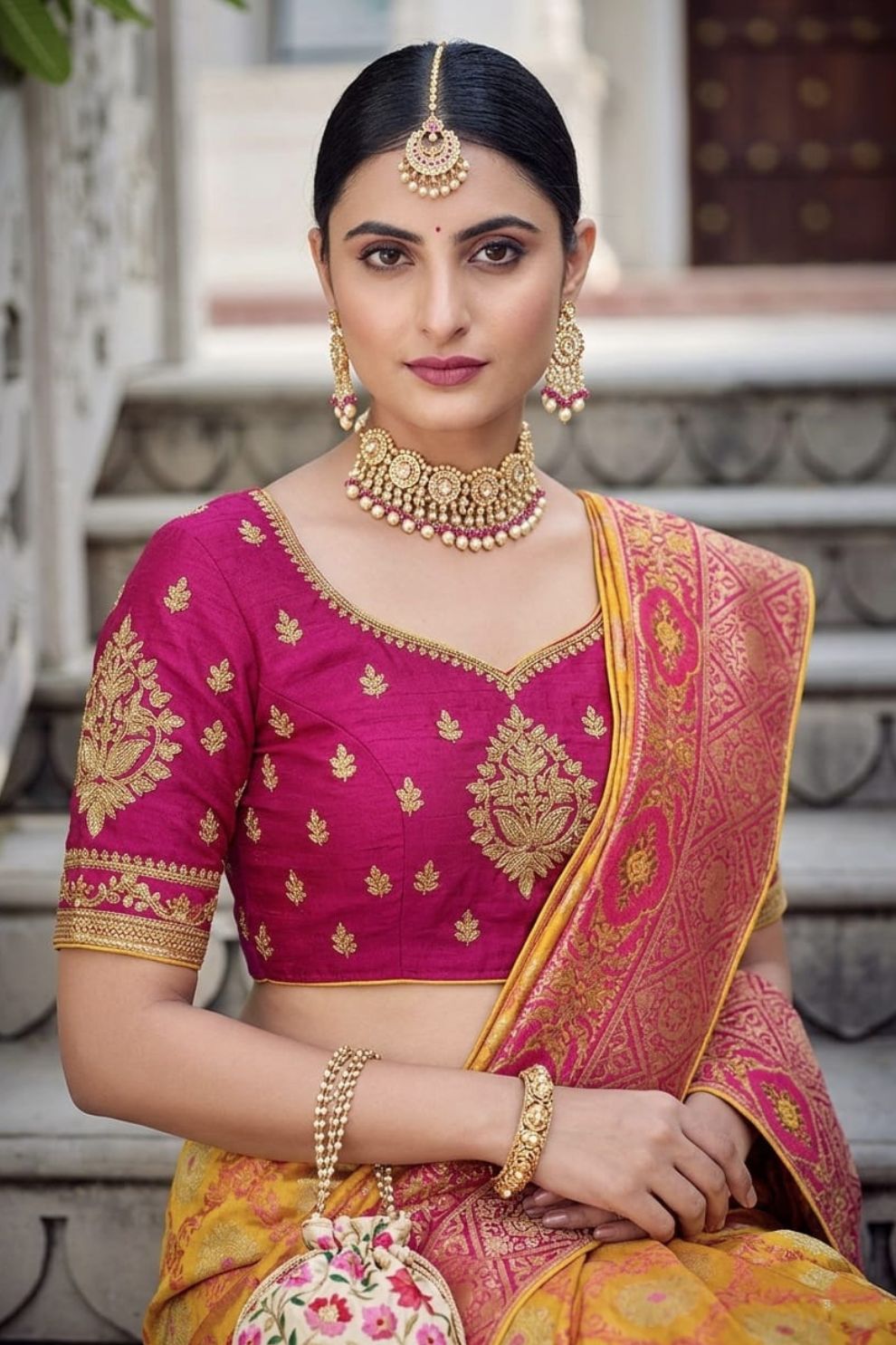 Yellow Pink Zari Work Banarasi Silk Saree for Wedding & Festive Wear Look