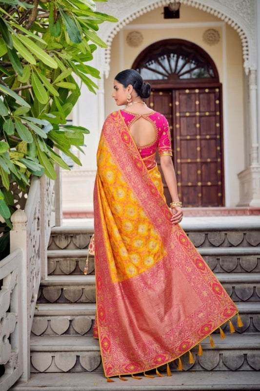 Yellow Pink Zari Work Banarasi Silk Saree for Wedding & Festive Wear Look