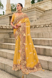 Mustard Yellow Coffee Brown Designer Silk Saree Elegant Party Wear