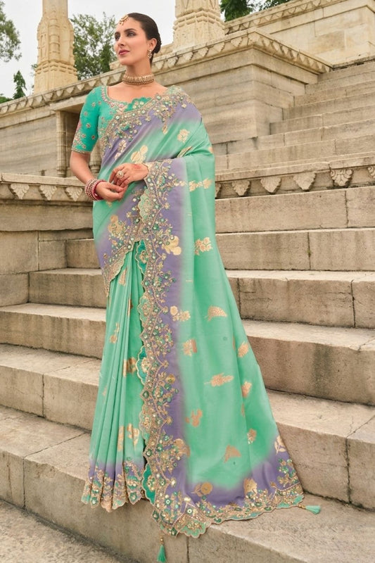 Sea Green Lavender Designer Dola Silk Saree Elegant Party Wear Look