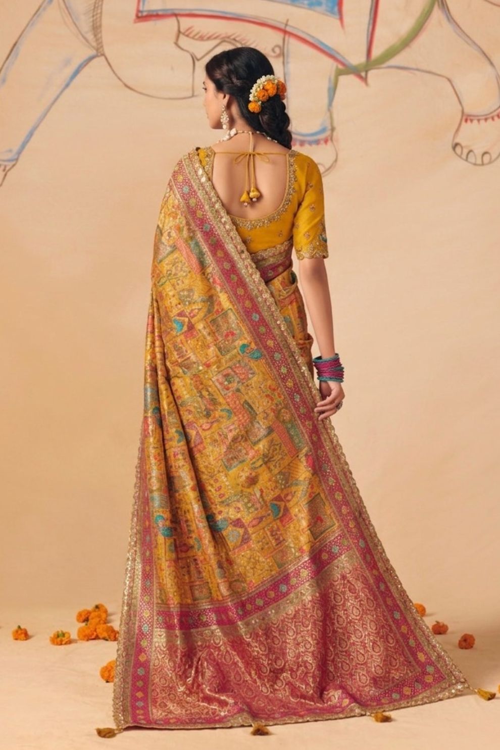 Mustard Yellow Dola Silk Saree with Zari Embroidery Madhubani Prints
