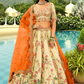 Cream & Orange Silk Peacock Embroidery Bridal Lehenga Choli