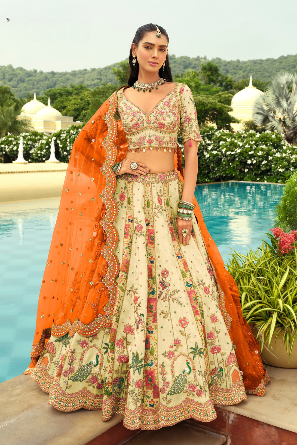 Cream & Orange Silk Peacock Embroidery Bridal Lehenga Choli