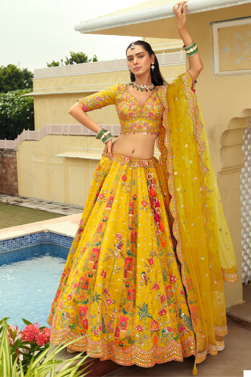 Radiant Yellow Silk Lehenga with Mirror Accents and Scalloped Dupatta