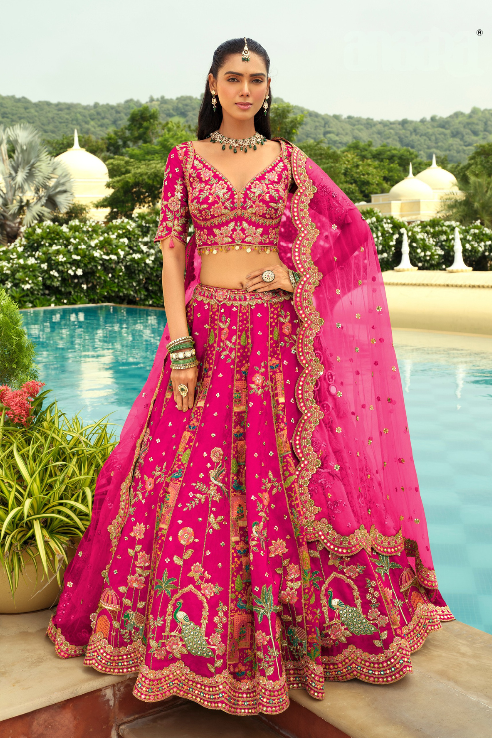 Rani Pink Silk Bridal Lehenga with Peacock Embroidery & Cut-Work Border
