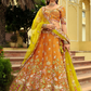 Mustard Orange Silk Bridal Lehenga with Contrast Lime Green Scalloped Dupatta