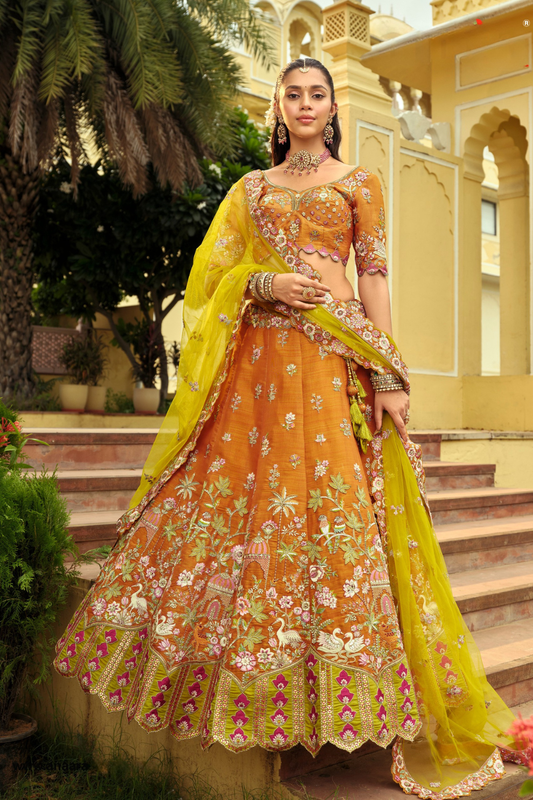 Mustard Orange Silk Bridal Lehenga with Contrast Lime Green Scalloped Dupatta