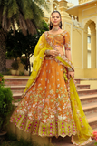 Mustard Orange Silk Bridal Lehenga with Contrast Lime Green Scalloped Dupatta