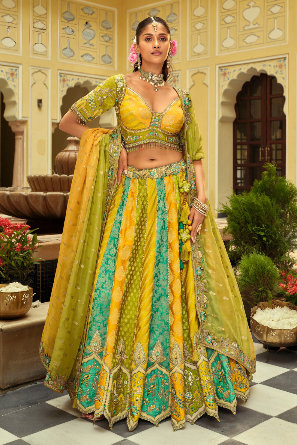 Mustard Yellow and Teal Silk Bridal Lehenga with Scalloped Cut-Work Border