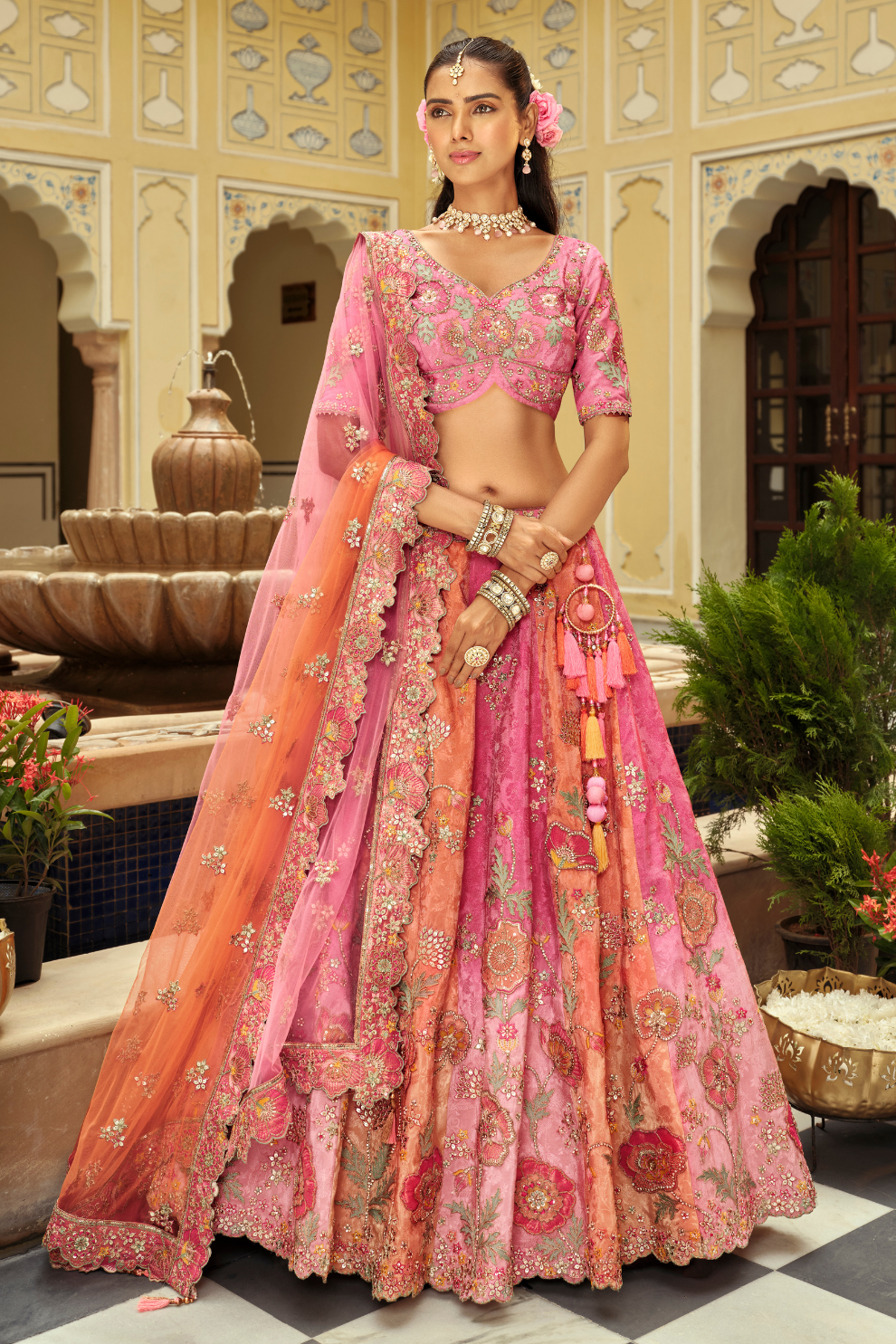 Pastel Pink and Peach Dual-Tone Silk Lehenga with Floral Thread Embroidery