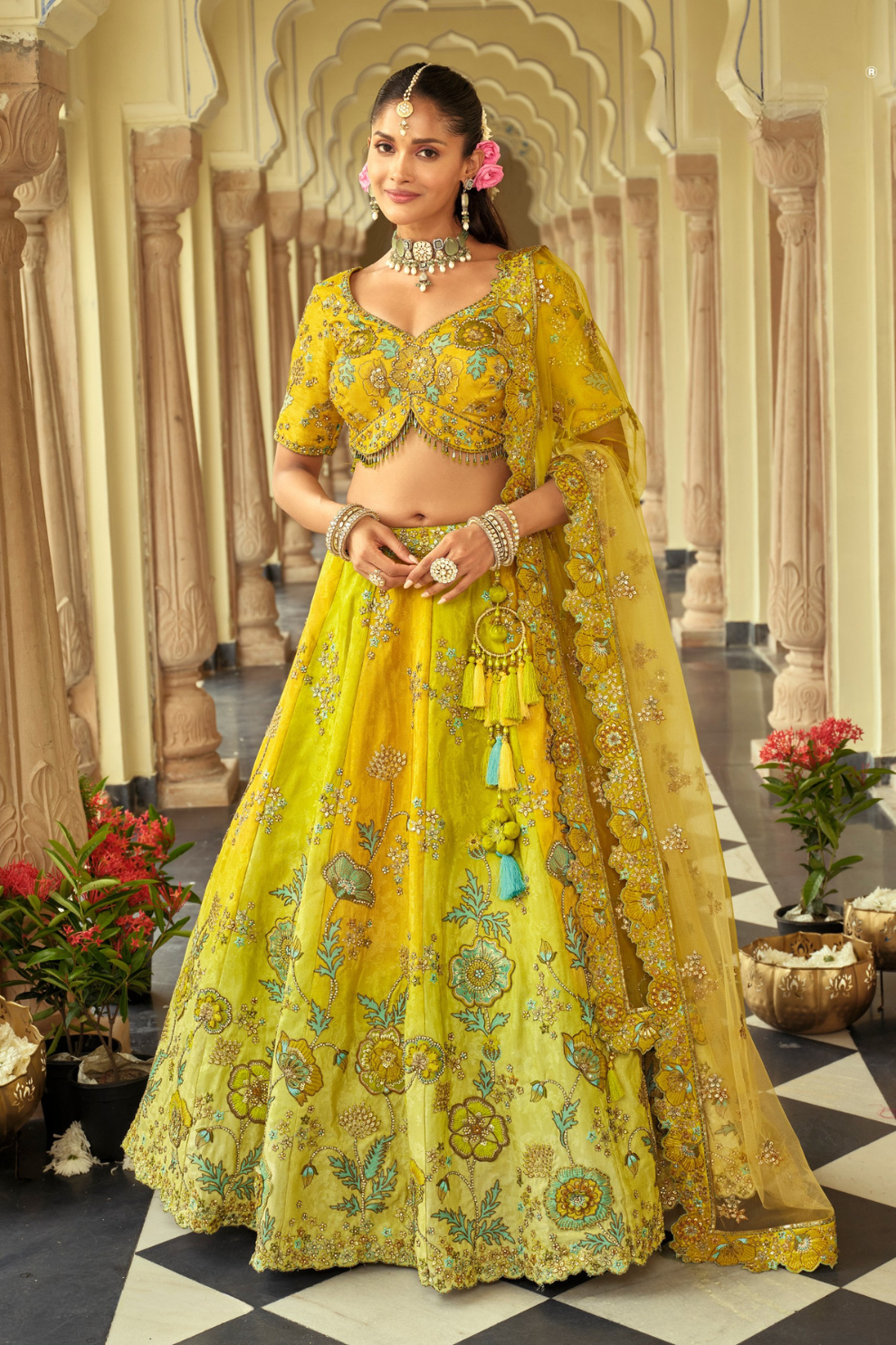 Lime Green and Lemon Yellow Shaded Silk Lehenga with Floral Embroidery