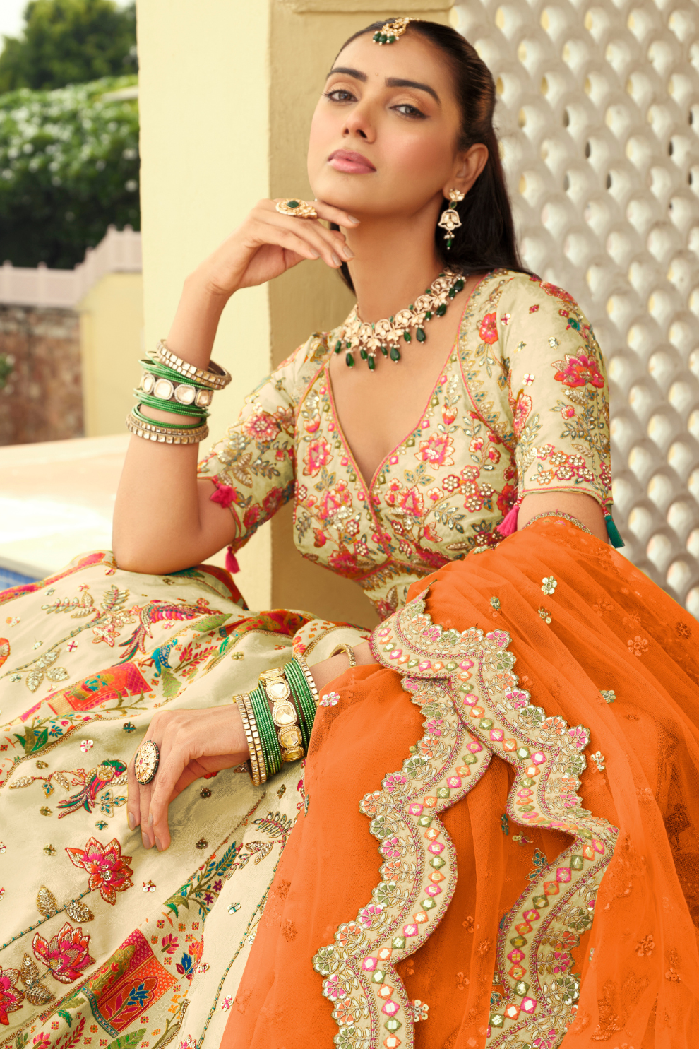 Cream & Orange Silk Peacock Embroidery Bridal Lehenga Choli