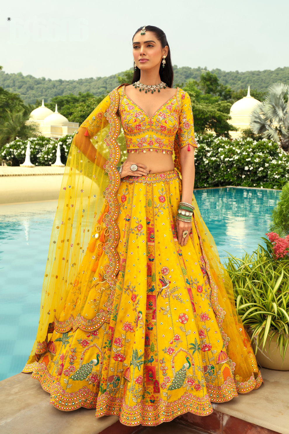 Radiant Yellow Silk Lehenga with Mirror Accents and Scalloped Dupatta