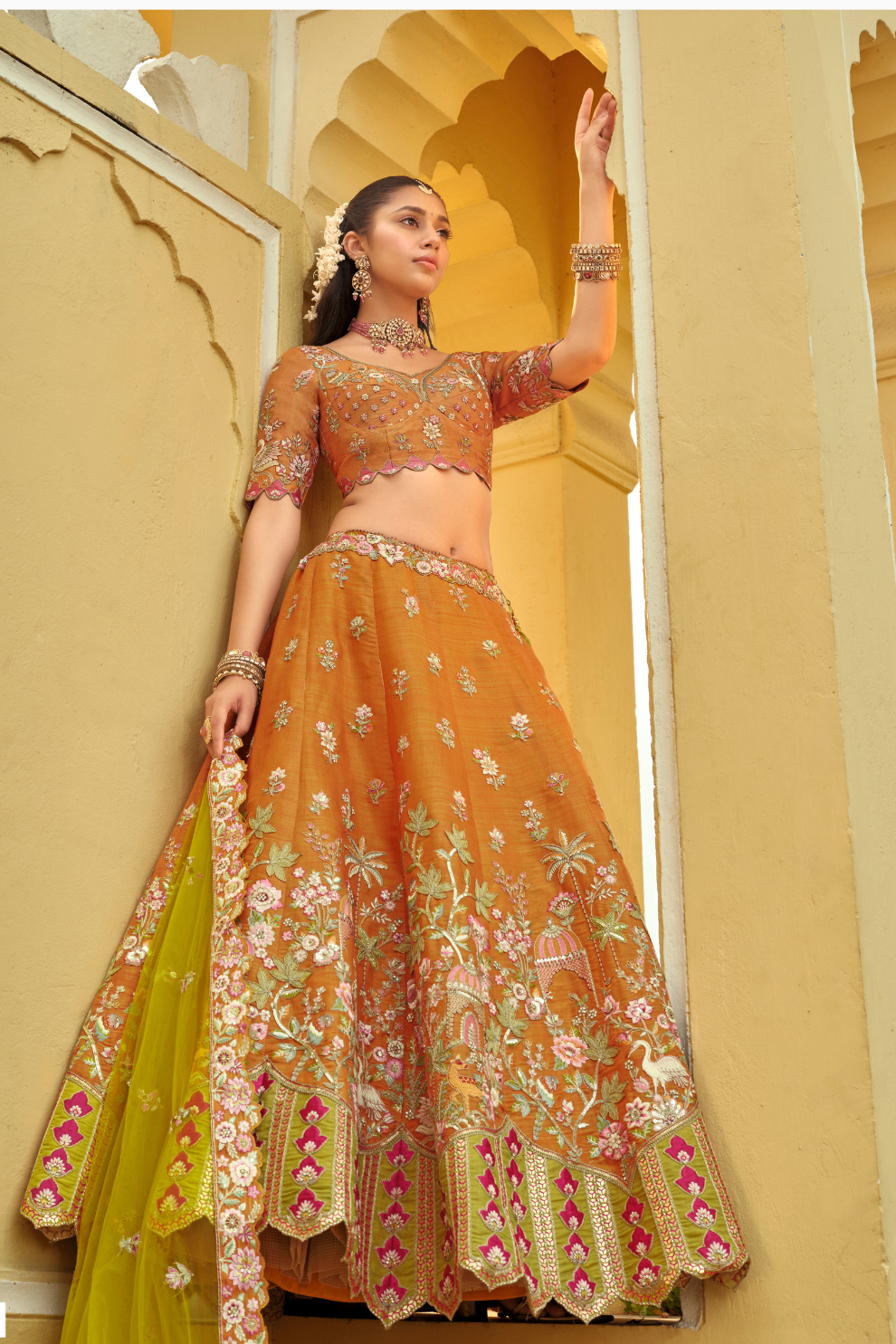 Mustard Orange Silk Bridal Lehenga with Contrast Lime Green Scalloped Dupatta